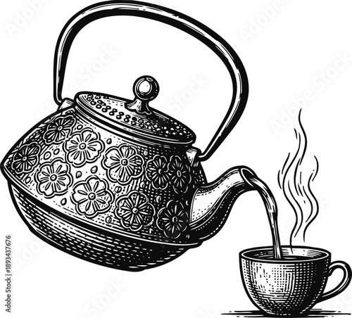 Ornate teapot pouring hot tea into a cup with steam, vintage hand drawn