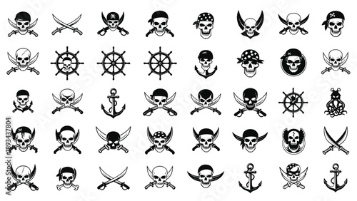 Large set of pirate icons and symbols including skulls, crossbones, anchors, and ship wheels, perfect for nautical or adventure designs.