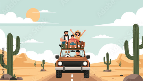 Happy family with a dog traveling in an off-road vehicle through a desert landscape filled with tall cacti under a bright sun.