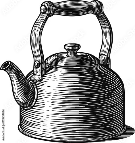 Vintage kettle with wooden handle and spout detailed engraving illustration