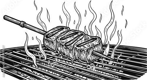 Grilled meat skewer with dripping juices on hot barbecue grill flames illustration