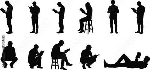 Silhouettes of diverse people reading books in various poses, sitting, standing, squatting, and lying down, illustrating comfortable reading positions