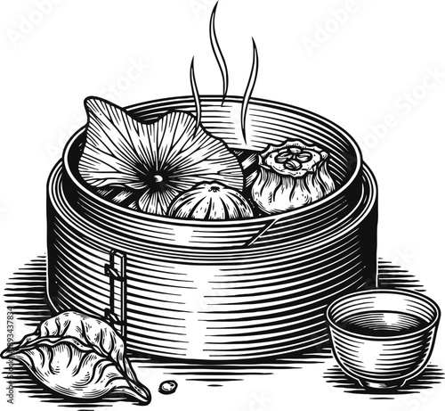 Steaming dim sum dumplings in bamboo basket with dipping sauce cup, hand drawn asian cuisine illustration