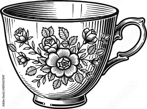 Vintage tea cup with floral pattern, detailed black and white carving illustration