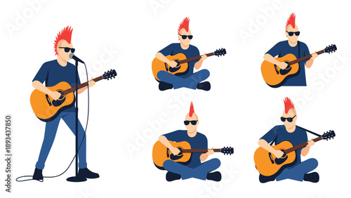 Various poses of a punk rock guitarist with a red mohawk and sunglasses playing an acoustic guitar and singing into a microphone.