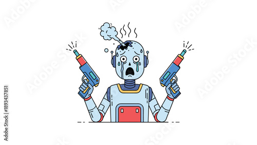 Stressed blue robot holding two futuristic guns while smoke and oil leaks from its damaged head, illustrated in a comic book style.
