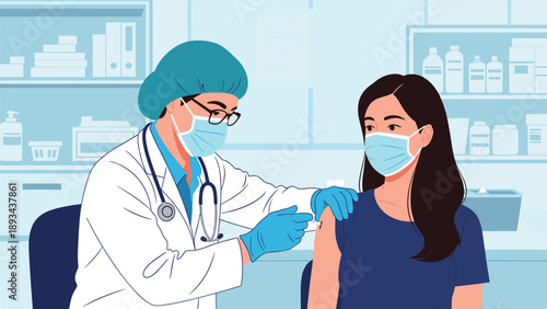 Male doctor in a lab coat and face mask administering a vaccine to a young woman in a clinic setting, promoting health and safety.