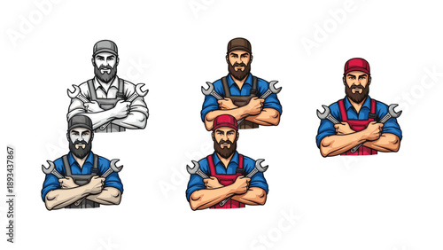 Professional bearded mechanic wearing a cap and overalls with crossed arms holding wrenches, shown in multiple color variations.