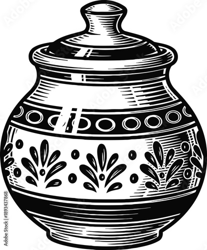 Decorative ceramic jar with lid, vintage ornate floral pattern pottery vessel