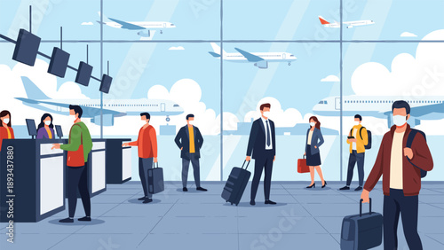 Busy airport terminal interior with passengers wearing face masks waiting for flights near large windows showing airplanes on the tarmac.