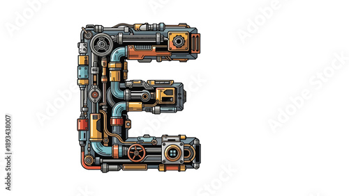 Letter E constructed from various industrial mechanical parts like pipes, gears, valves, and wires in a steampunk or sci-fi style.