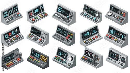 Large assortment of futuristic control panels and dashboard consoles with various screens, buttons, and switches in an isometric view.