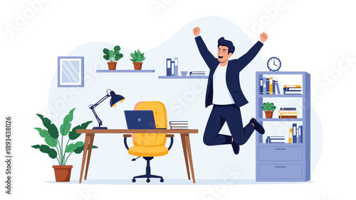 Happy businessman jumping high in a modern office interior to celebrate a successful project or business achievement.