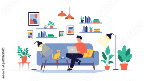 Freelance man working on a laptop while sitting on a blue sofa in a cozy living room with his pet cat and house plants.