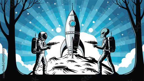 Astronaut and gray alien standing on the moon surface holding ray guns in front of a retro space rocket landing ship.