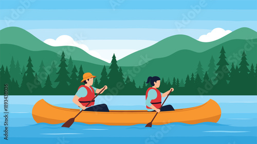 Young man and woman canoeing together on a calm lake with evergreen trees and blue mountains in the background scenery.