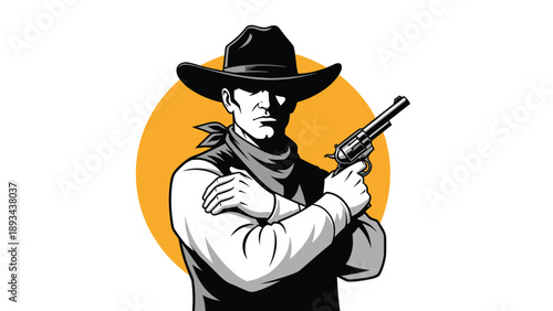 Strong cowboy wearing a classic hat and bandana holding a revolver handgun against a large orange sun circular backdrop.