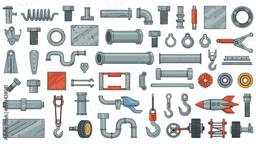 Industrial metal parts collection including pipes, gears, bolts, hooks, and mechanical components on a white background.