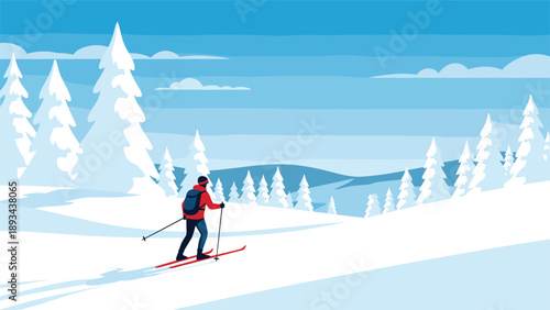 Lone skier with a backpack gliding down a snow covered mountain slope surrounded by pine trees under a clear winter sky.