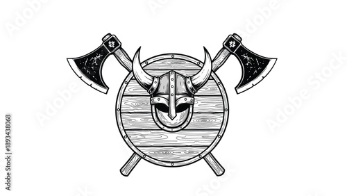 Viking warrior emblem featuring a horned helmet on a round wooden shield with two crossed battle axes in a detailed sketch.
