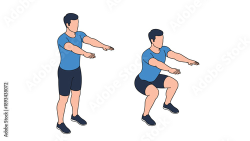 Isometric illustration of a man in athletic wear performing a bodyweight squat exercise to show proper fitness workout form.