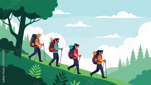 Group of four diverse hikers with backpacks and trekking poles walking up a lush green hill in a dense pine forest area.