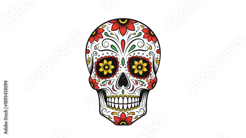 Vibrant Mexican sugar skull artwork with red flowers and yellow decorations for the traditional Dia de los Muertos festival.