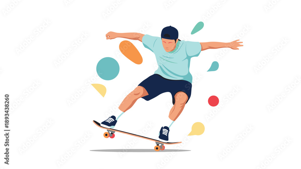 Obraz premium Dynamic illustration of a male skateboarder performing a trick in mid air surrounded by colorful abstract geometric shapes.