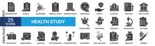 Health study icon set. Containing intervention, clinical, biomarker, medical chart, adverse events, biohazard sign, safety and more. Glyph vector icons collection.