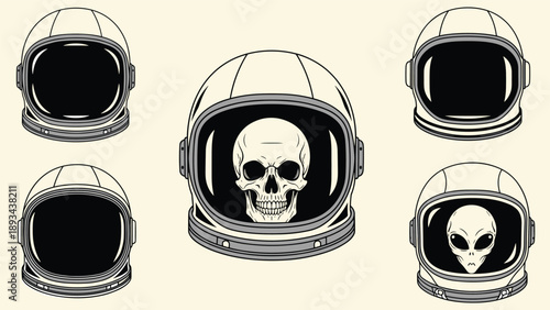 Selection of five space helmets with different contents including a human skull, an alien head, and empty black visors.