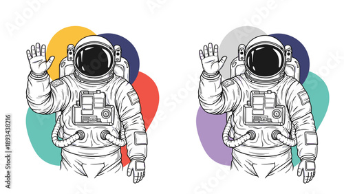 Astronaut in spacesuit waves his hand against a background of colorful abstract shapes in hand drawn sketch style.