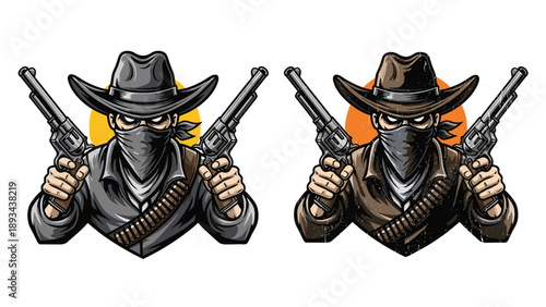 Masked cowboy character holding two revolvers and wearing a wide-brimmed hat with bandolier in detailed comic style.