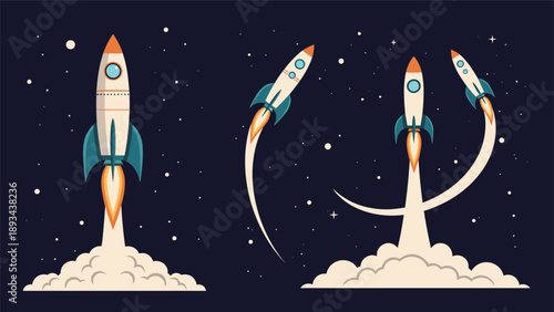 Three different illustrations of space rockets blasting off into the dark starry sky with thick clouds of smoke and fire.