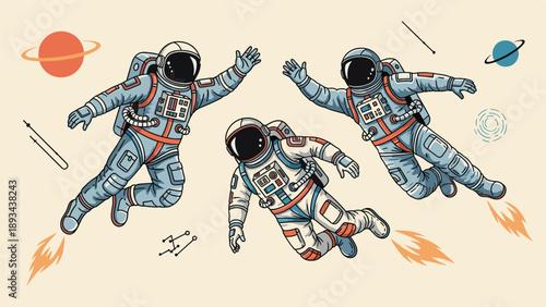 Three astronauts in full space suits floating freely in the cosmos surrounded by planets, stars, and celestial bodies.