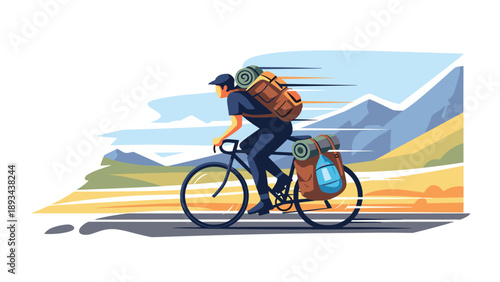 Dedicated cyclist riding a fully loaded touring bike at high speed through a scenic mountain landscape with sun rays.