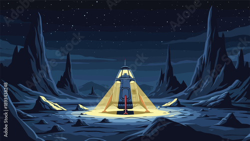 Robotic space lander module sitting on the surface of a moon or planet surrounded by jagged mountains under a starry sky.