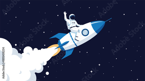 Cheerful cartoon astronaut riding on the back of a powerful rocket ship as it launches into the deep blue starry cosmos.