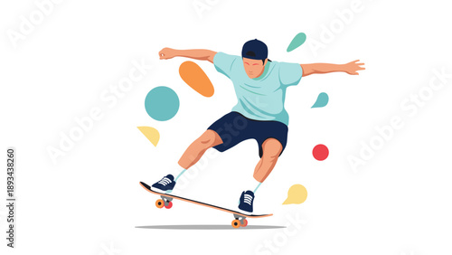 Dynamic illustration of a male skateboarder performing a trick in mid air surrounded by colorful abstract geometric shapes.