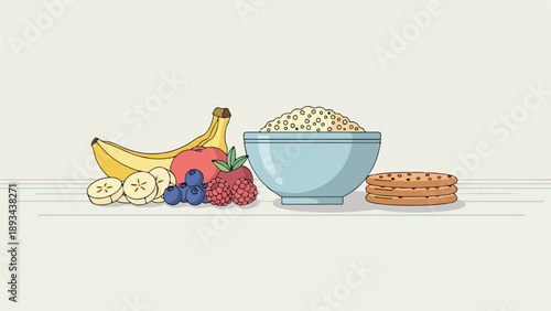 Bowl of cereal with fruit and cookies on a table