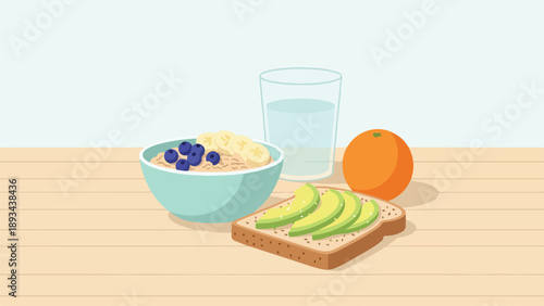 Healthy breakfast food on wooden table with blue background  fruit and cereal