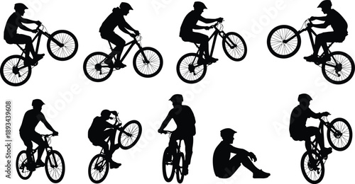 Bicycle silhouettes, cycling stunts, bike tricks, wheelie rider, jump action, helmet safety, outdoor sport, freestyle biking, dynamic movement, vector illustration