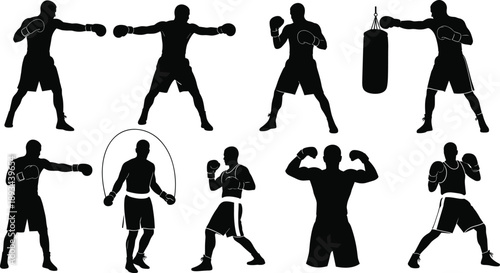 Boxing silhouettes, fighter poses, punching bag training, jump rope exercise, muscle flex, defensive stance, sports fitness icons, athlete workout, cad drawing flat vector illustration
