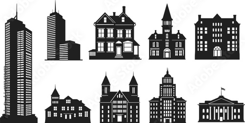 Building silhouettes, architectural vector illustration, institutional structure, classical architecture, flat black artwork, urban cityscape composition