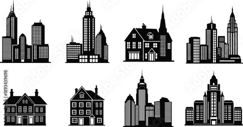 Building silhouettes, architectural vector illustration, urban cityscape drawing, , residential house artwork, classical architecture, flat black composition, institutional structure