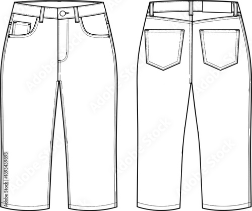 Cad drawing flat vector illustration, cropped jeans technical fashion flat, ankle length trousers front back view, garment construction apparel template sketch