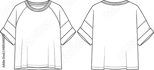 Cad drawing flat vector illustration, short sleeve raglan shirt technical fashion flat, front back view garment construction apparel template sketch