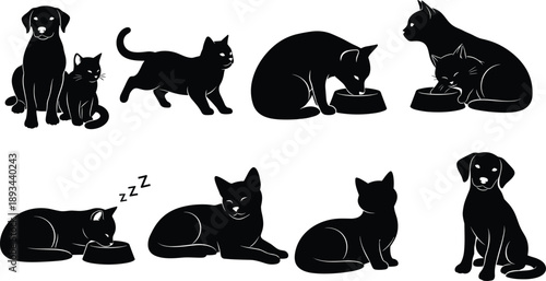 Cat and dog silhouettes, pet vector illustration, animal poses, eating bowl gesture, sleeping pets, companionship design, flat black drawing, domestic animals