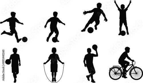 Children silhouettes, kids playing, soccer ball, basketball player, jump rope, bicycle riding, outdoor activity, sports icons, fitness fun, vector illustration