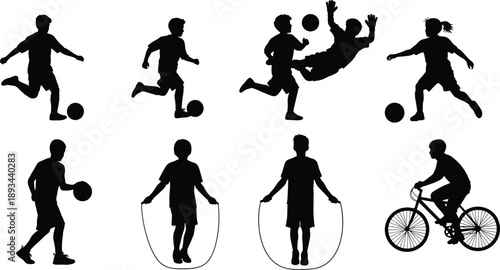 Children silhouettes, kids playing, soccer game, basketball player, jump rope, bicycle riding, outdoor activity, sports icons, fitness fun, vector illustration