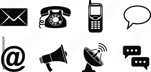 Communication icons, envelope mail, rotary telephone, mobile phone, speech bubble, at symbol, megaphone, satellite dish, chat bubbles, digital messaging, vector illustration
